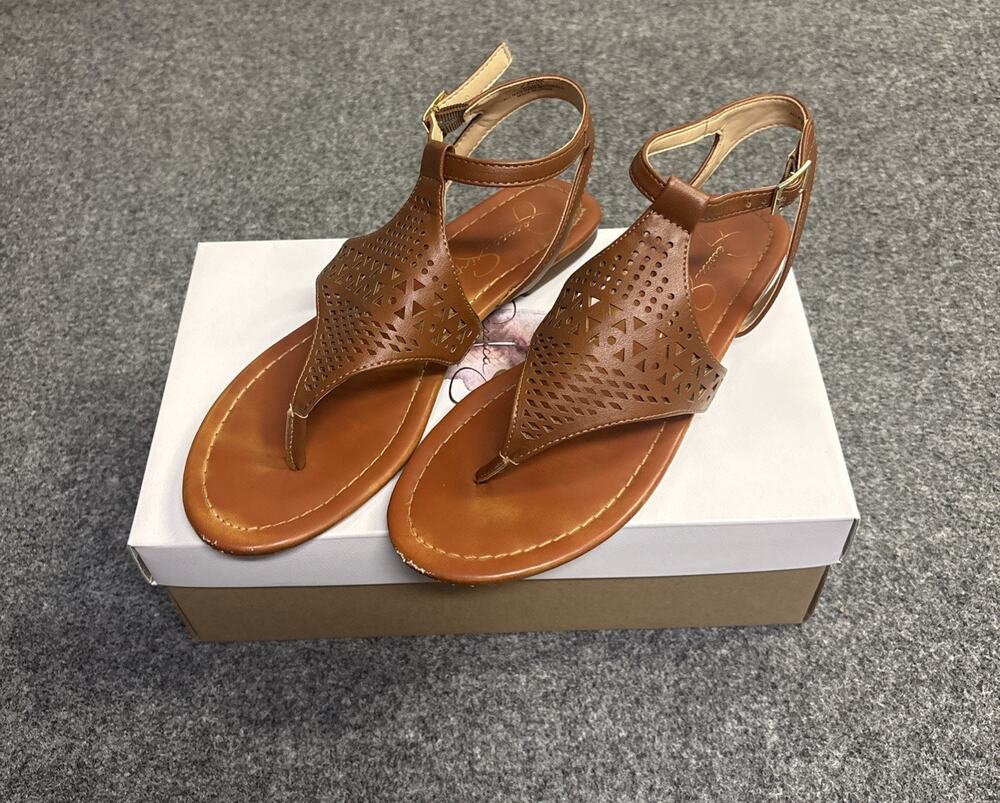 Jessica Simpson Women’s 6.5 VTG Cognac Faux Leather Sandals Boho Western